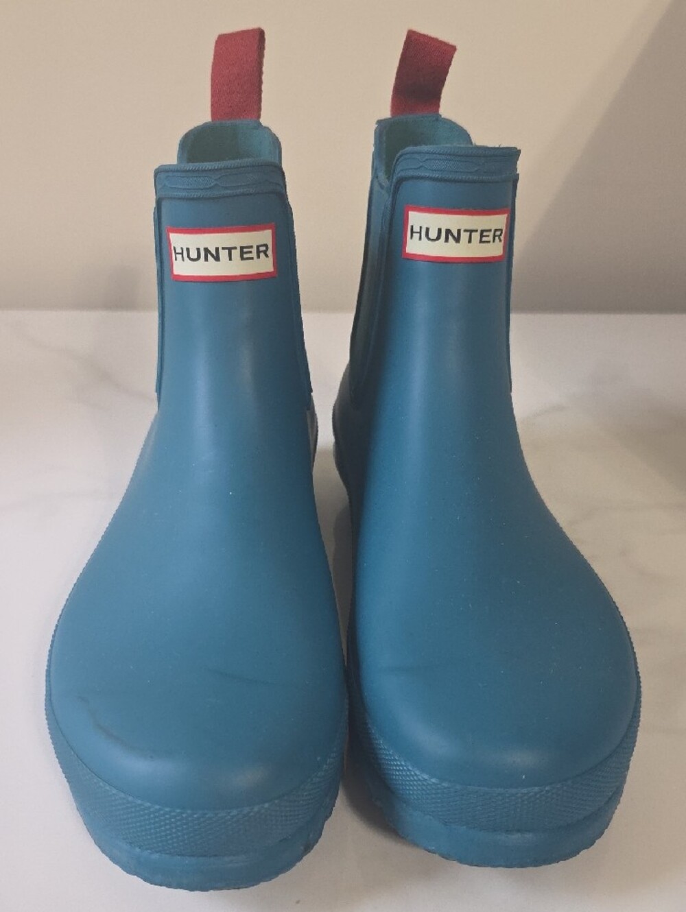 Hunter Womens Teal Chelsea Rain Boots with Red Pull Tabs - Picture 2 of 10